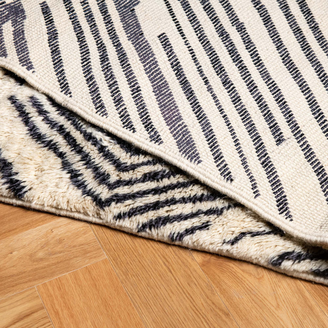 Modern Moroccan Wool Rug with Black Optical Diamond Design