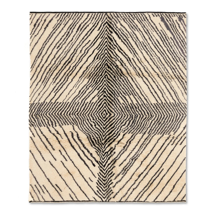 Modern Moroccan Wool Rug with Black Optical Diamond Design