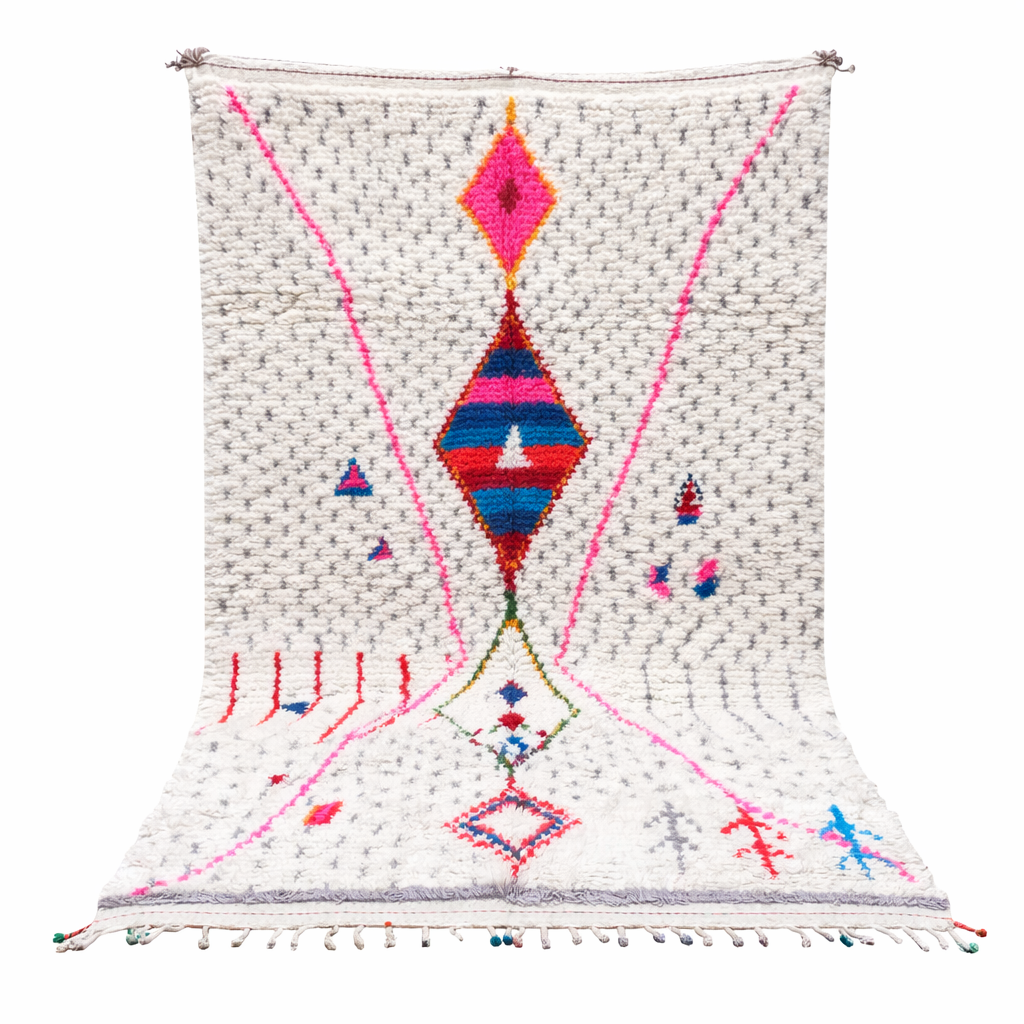 Handmade Moroccan Berber rug with colorful diamond motif on white wool background