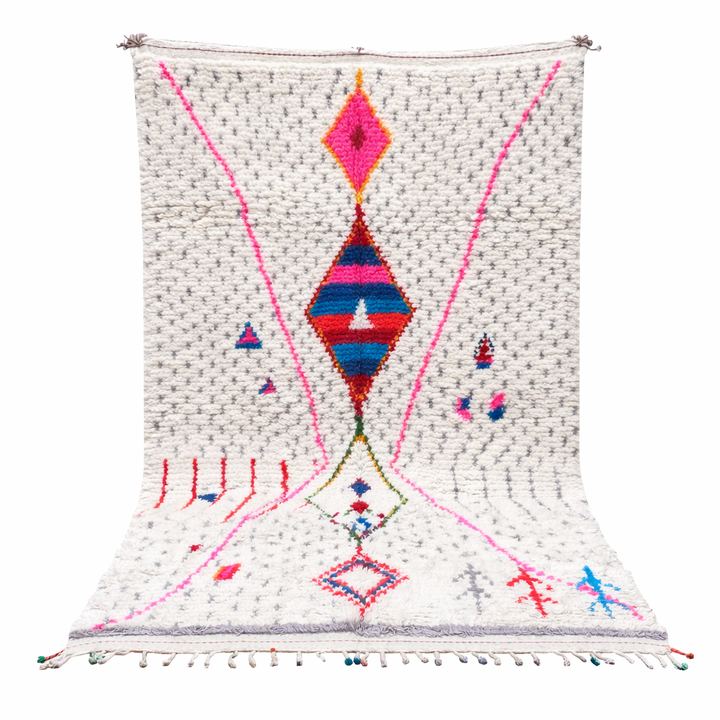 Handmade Moroccan Berber rug with colorful diamond motif on white wool background