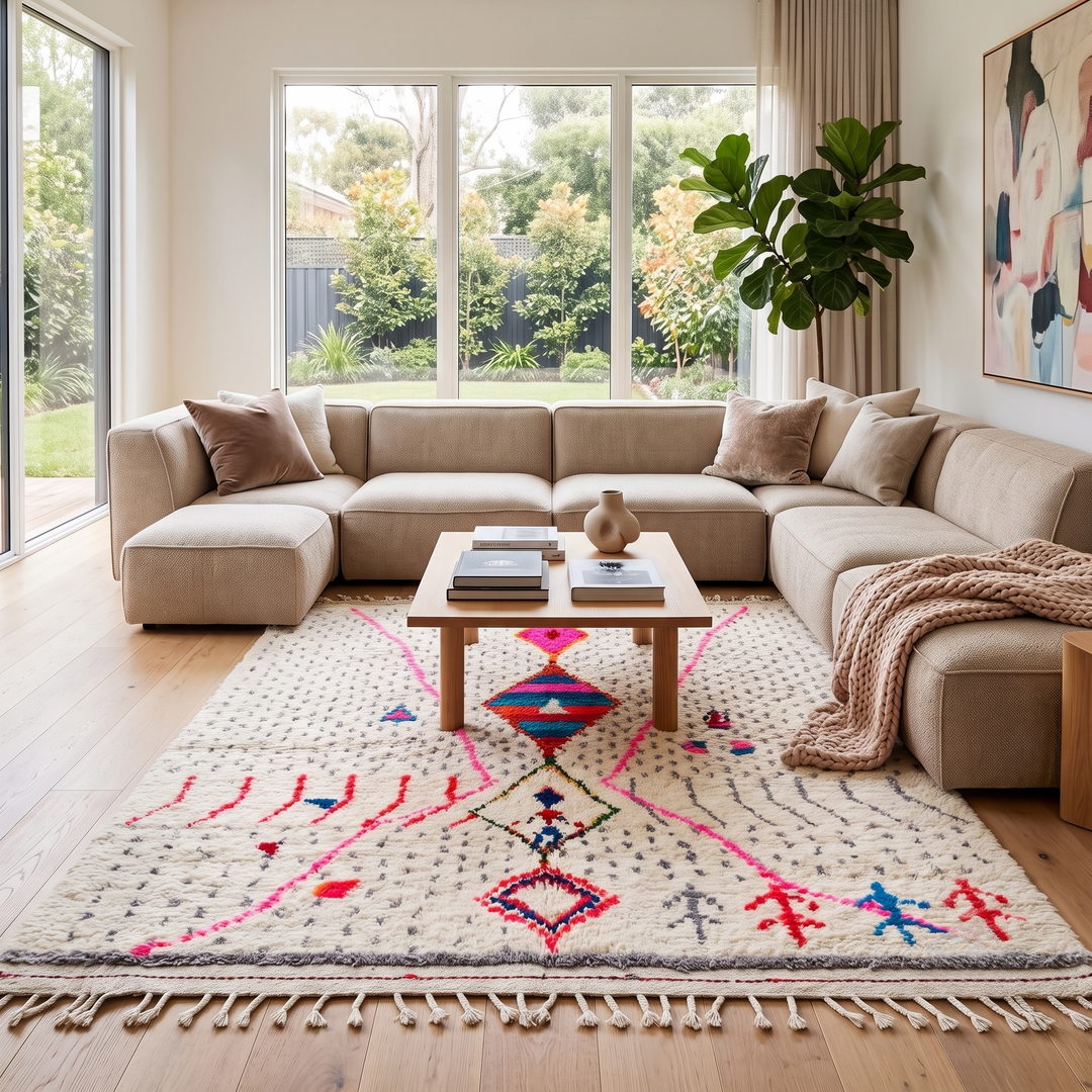 Handmade Moroccan Berber rug with colorful diamond motif on white wool background
