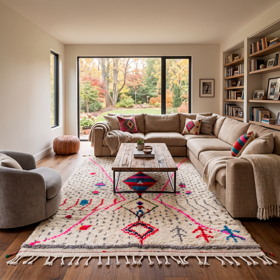 Handmade Moroccan Berber rug with colorful diamond motif on white wool background

