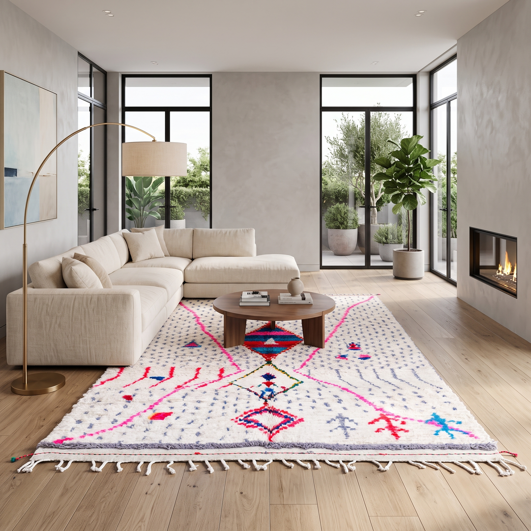 Handmade Moroccan Berber rug with colorful diamond motif on white wool background
