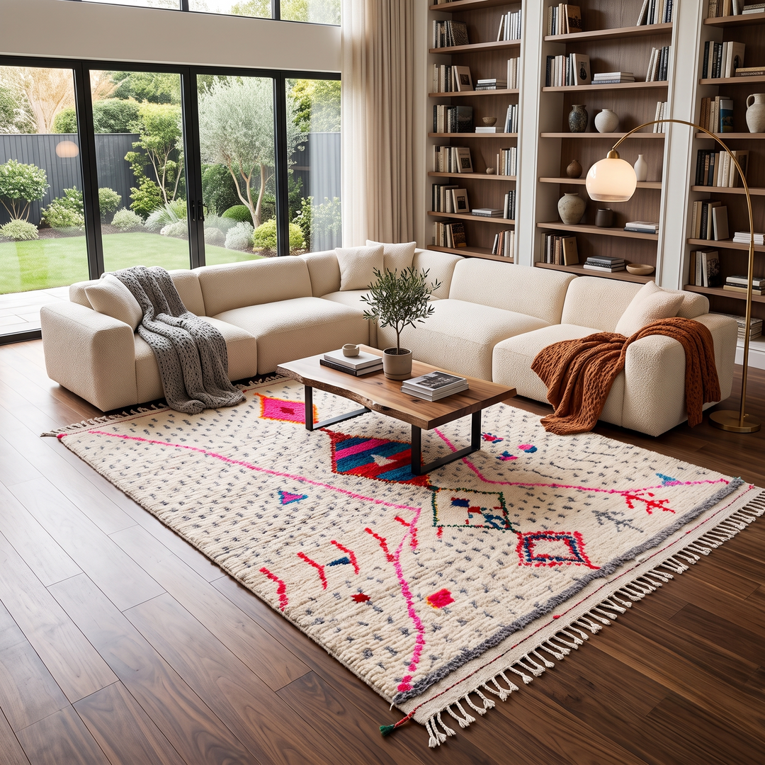 Handmade Moroccan Berber rug with colorful diamond motif on white wool background
