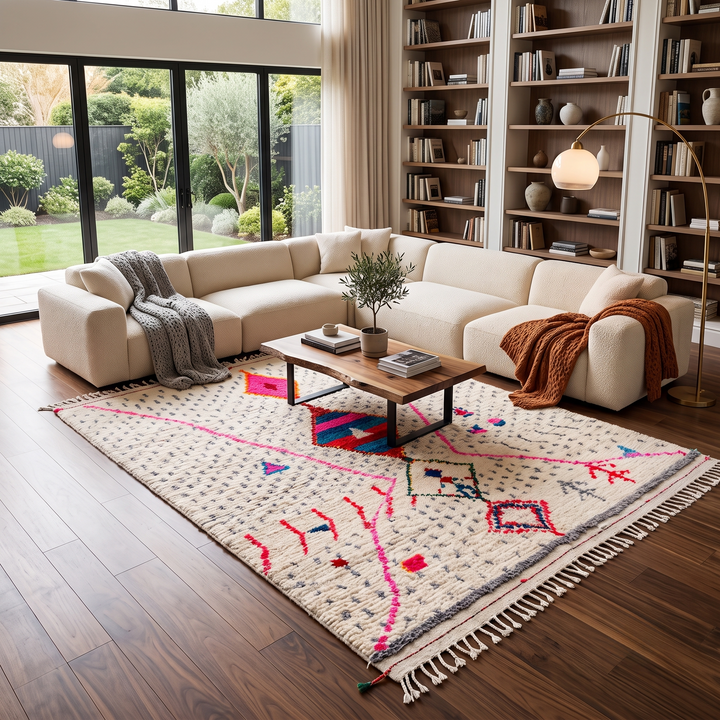 Handmade Moroccan Berber rug with colorful diamond motif on white wool background

