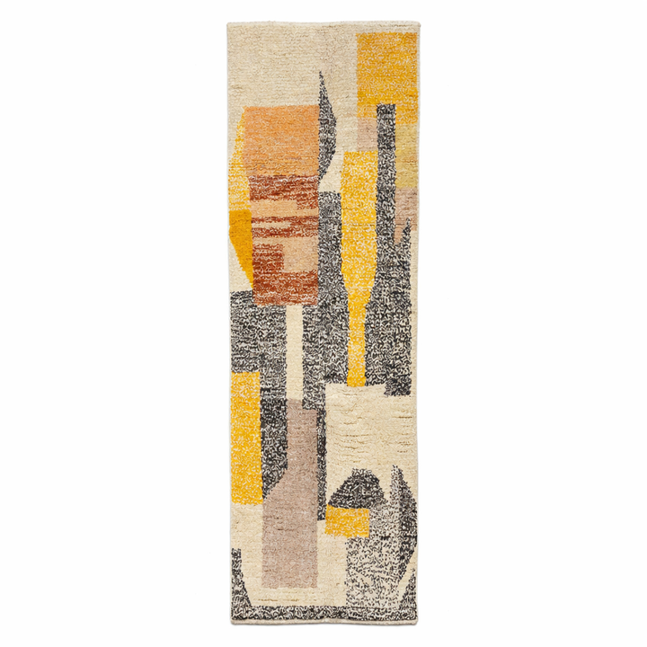 Modern Moroccan wool runner rug with abstract geometric design in mustard yellow, terracotta, beige and black, handmade Berber carpet