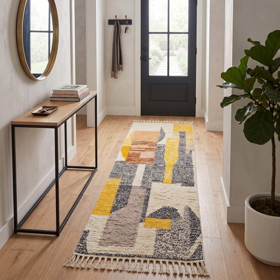 Modern Moroccan wool runner rug with abstract geometric design in mustard yellow, terracotta, beige and black, handmade Berber carpet