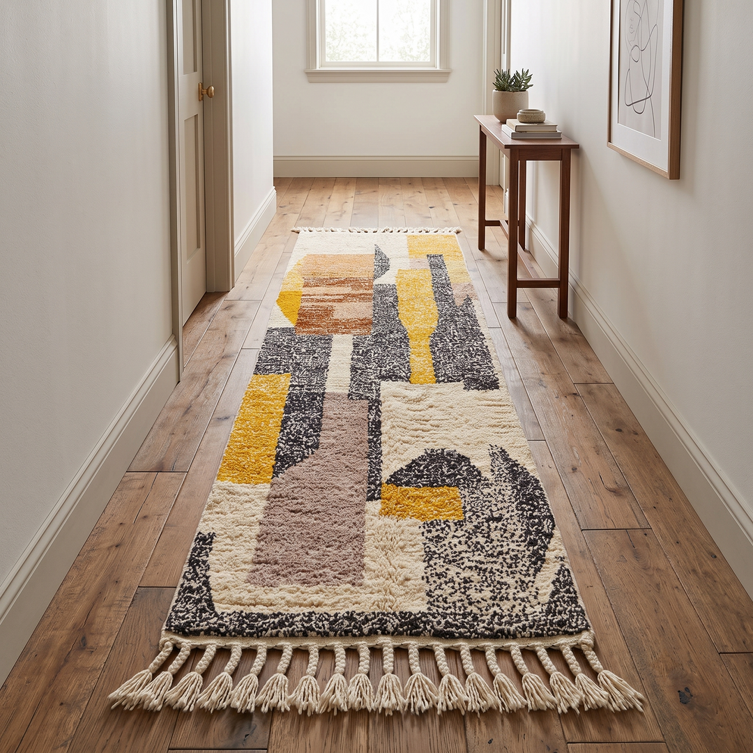 Modern Moroccan wool runner rug with abstract geometric design in mustard yellow, terracotta, beige and black, handmade Berber carpet