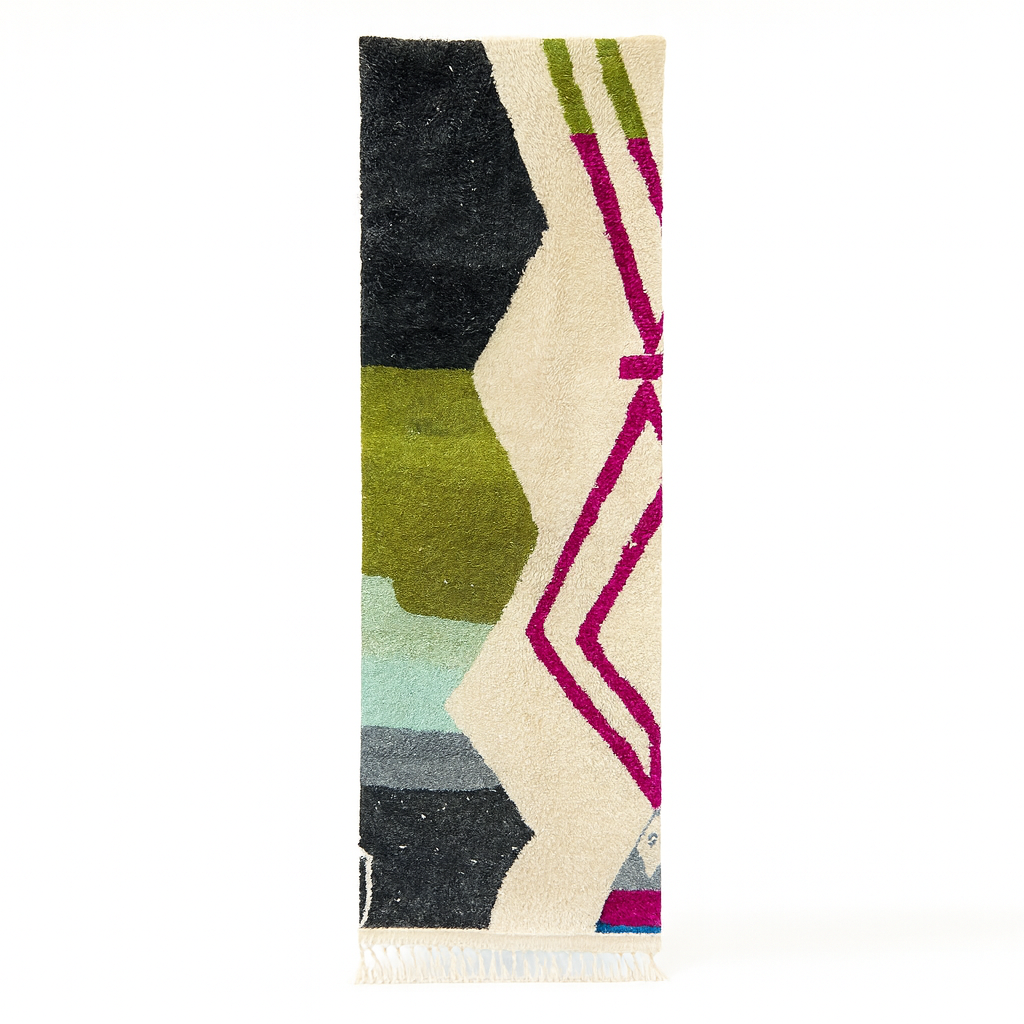 Handmade modern Moroccan wool runner rug with black, green, mint, grey, and magenta geometric abstract patterns on a white background