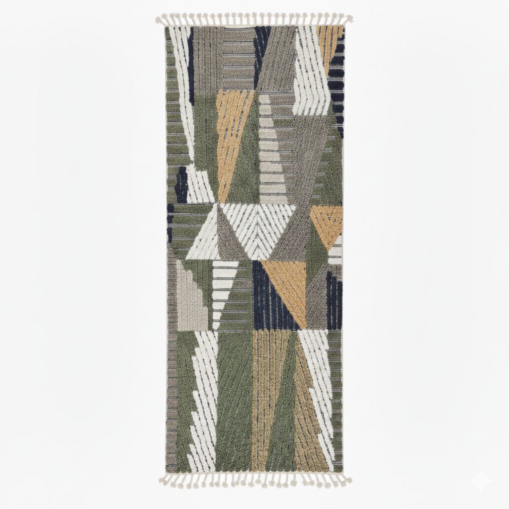 Modern Moroccan wool runner rug with carved black lines, abstract geometric design in ivory, beige, green and grey, handmade Berber carpet