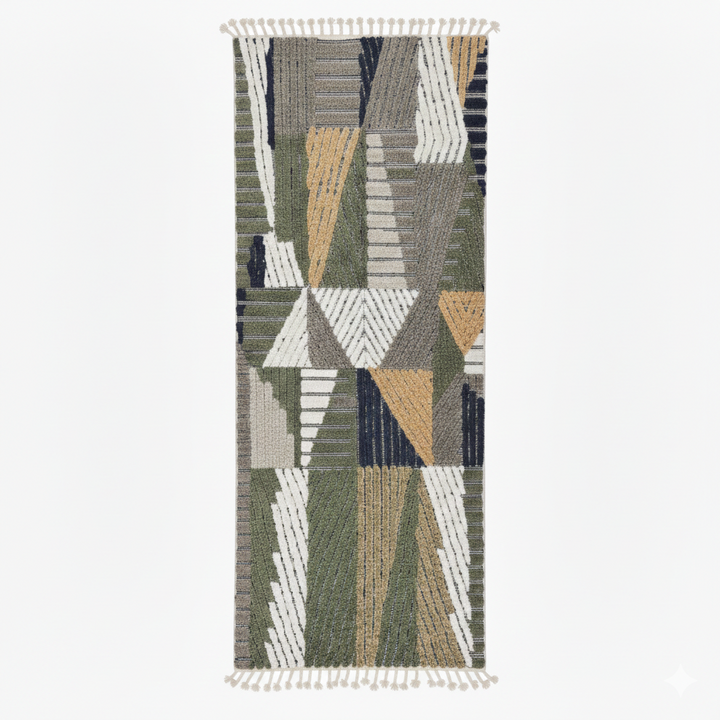 Modern Moroccan wool runner rug with carved black lines, abstract geometric design in ivory, beige, green and grey, handmade Berber carpet