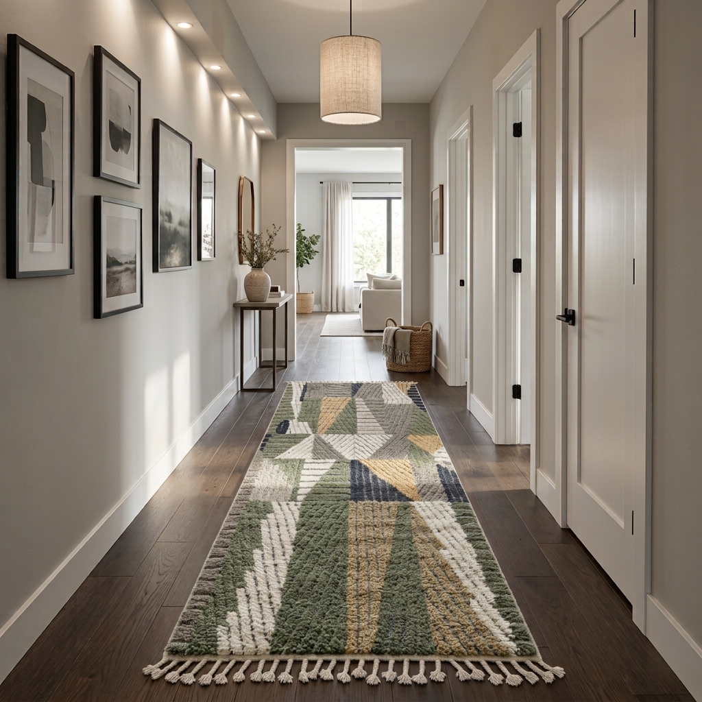Modern Moroccan wool runner rug with carved black lines, abstract geometric design in ivory, beige, green and grey, handmade Berber carpet