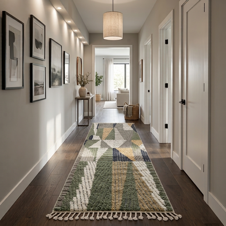 Modern Moroccan wool runner rug with carved black lines, abstract geometric design in ivory, beige, green and grey, handmade Berber carpet