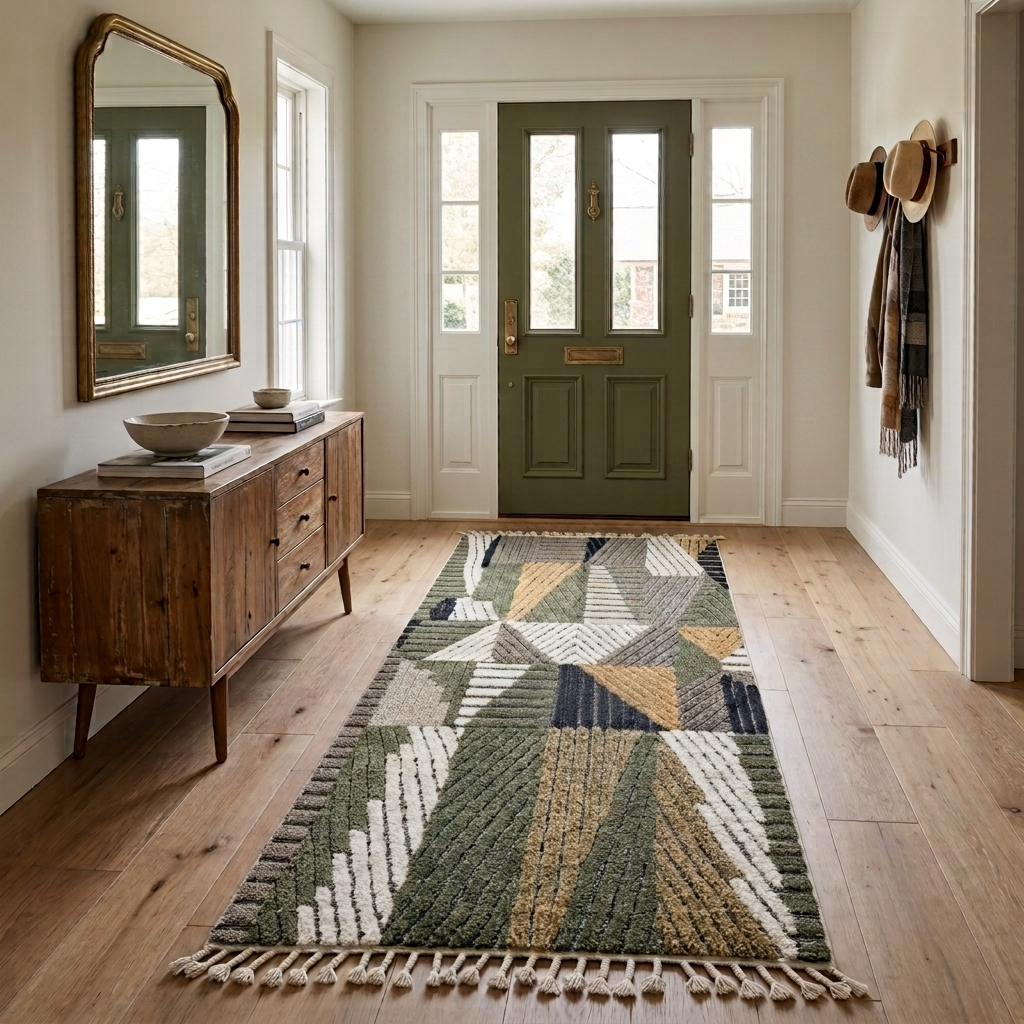 Modern Moroccan wool runner rug with carved black lines, abstract geometric design in ivory, beige, green and grey, handmade Berber carpet