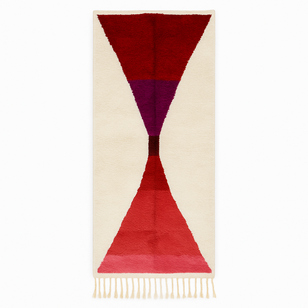 Handmade modern Moroccan wool runner rug with red, burgundy, and pink geometric hourglass design on white background