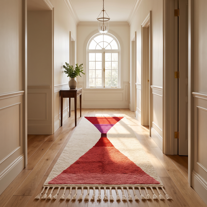 Handmade modern Moroccan wool runner rug with red, burgundy, and pink geometric hourglass design on white background