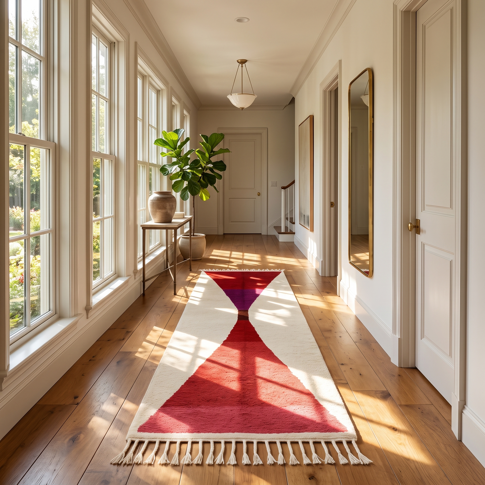 Handmade modern Moroccan wool runner rug with red, burgundy, and pink geometric hourglass design on white background