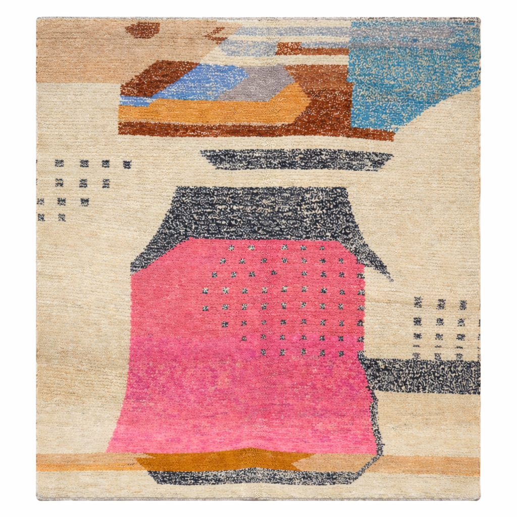 Modern Moroccan abstract wool rug in pink blue and sand tones