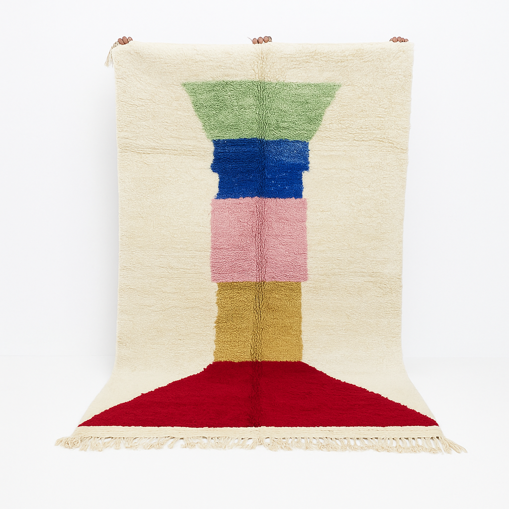 Handwoven Moroccan wool rug with ivory background and colorful geometric blocks in green, blue, pink, mustard, and red