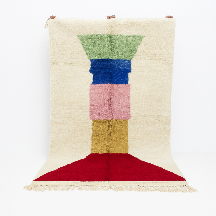 Handwoven Moroccan wool rug with ivory background and colorful geometric blocks in green, blue, pink, mustard, and red