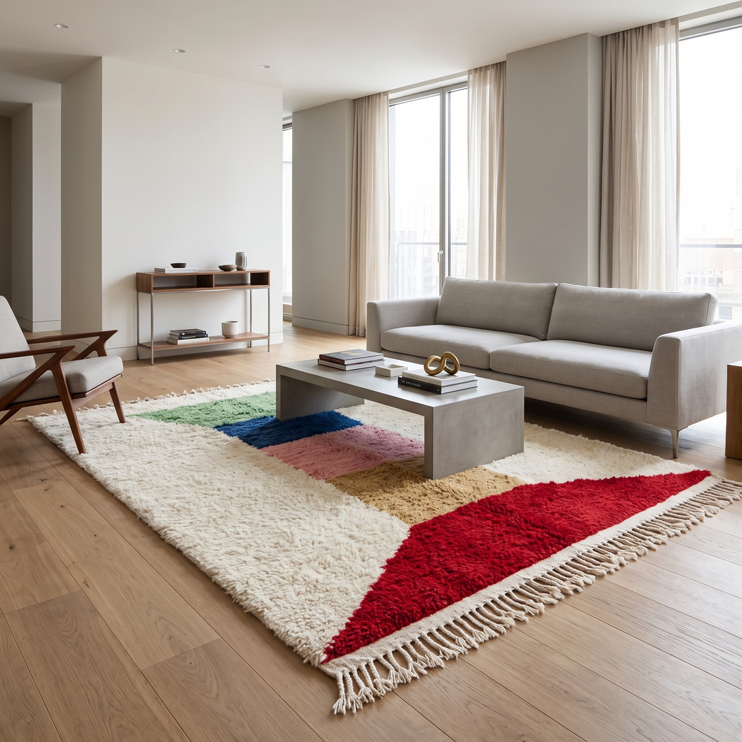 Handwoven Moroccan wool rug with ivory background and colorful geometric blocks in green, blue, pink, mustard, and red 
