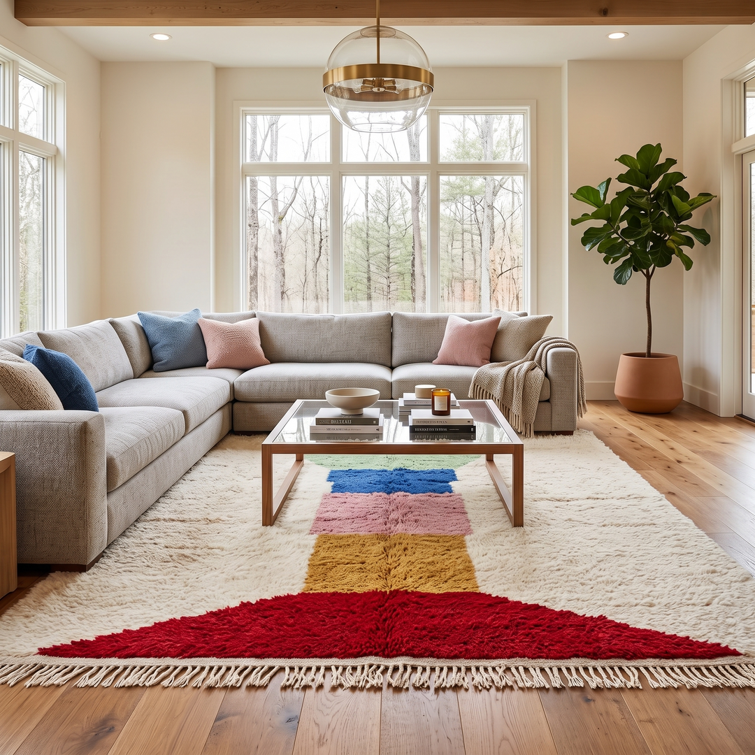 Handwoven Moroccan wool rug with ivory background and colorful geometric blocks in green, blue, pink, mustard, and red 

