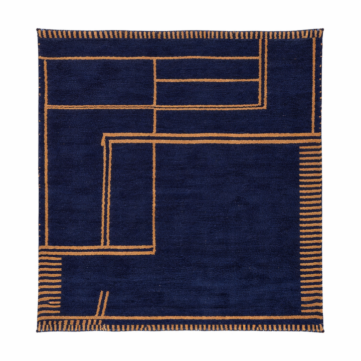 modern navy moroccan wool rug with minimalist geometric lines