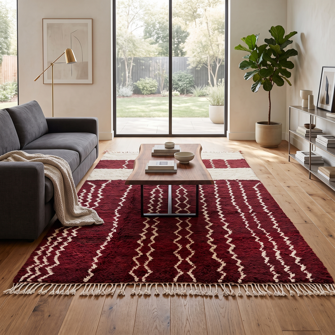 Handwoven Moroccan wool rug in burgundy and ivory with Berber-inspired zigzag patterns, soft shag texture, and tassel fringe. 
