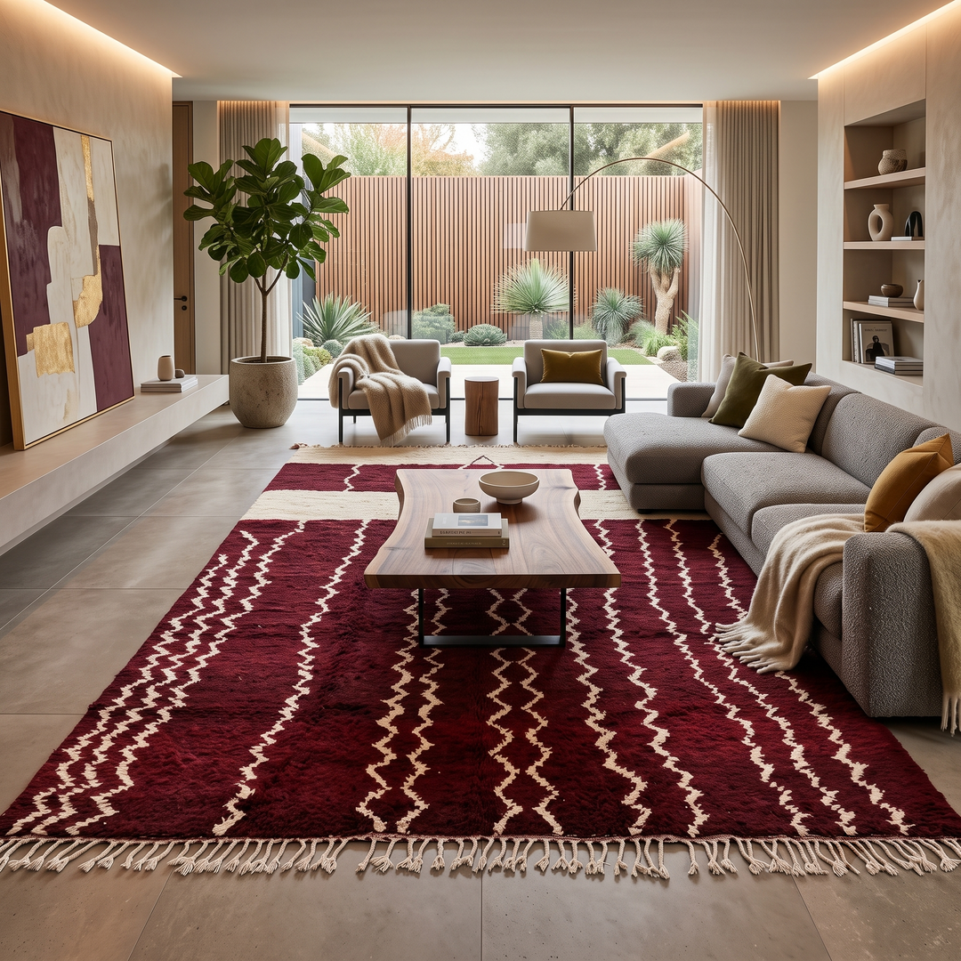 Handwoven Moroccan wool rug in burgundy and ivory with Berber-inspired zigzag patterns, soft shag texture, and tassel fringe. 
