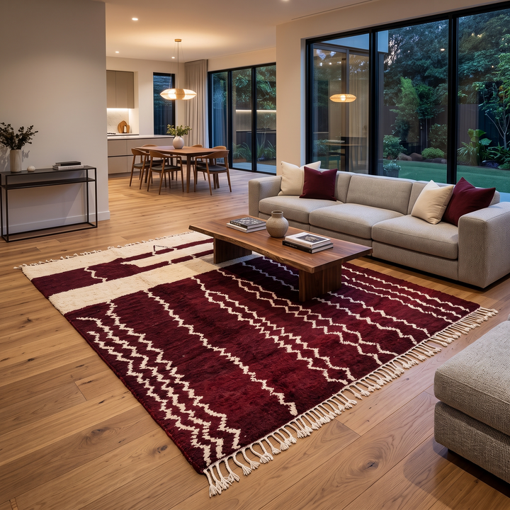 Handwoven Moroccan wool rug in burgundy and ivory with Berber-inspired zigzag patterns, soft shag texture, and tassel fringe. 
