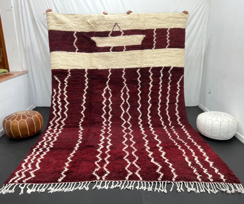 Modern Red Moroccan Rug with Minimal White Berber Lines