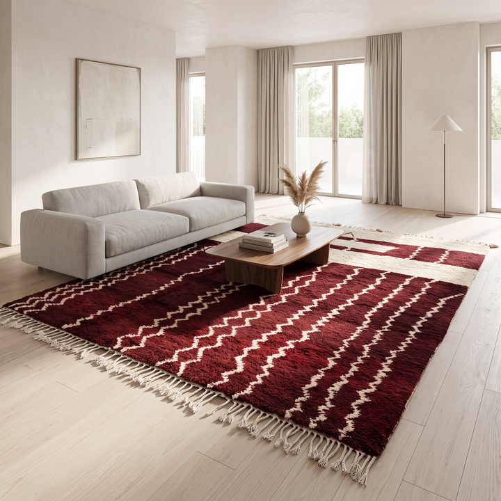 Handwoven Moroccan wool rug in burgundy and ivory with Berber-inspired zigzag patterns, soft shag texture, and tassel fringe. 
