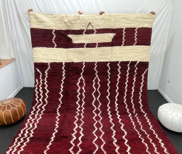 Modern Red Moroccan Rug with Minimal White Berber Lines