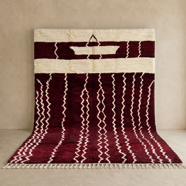 Modern Red Moroccan Rug with Minimal White Berber Lines