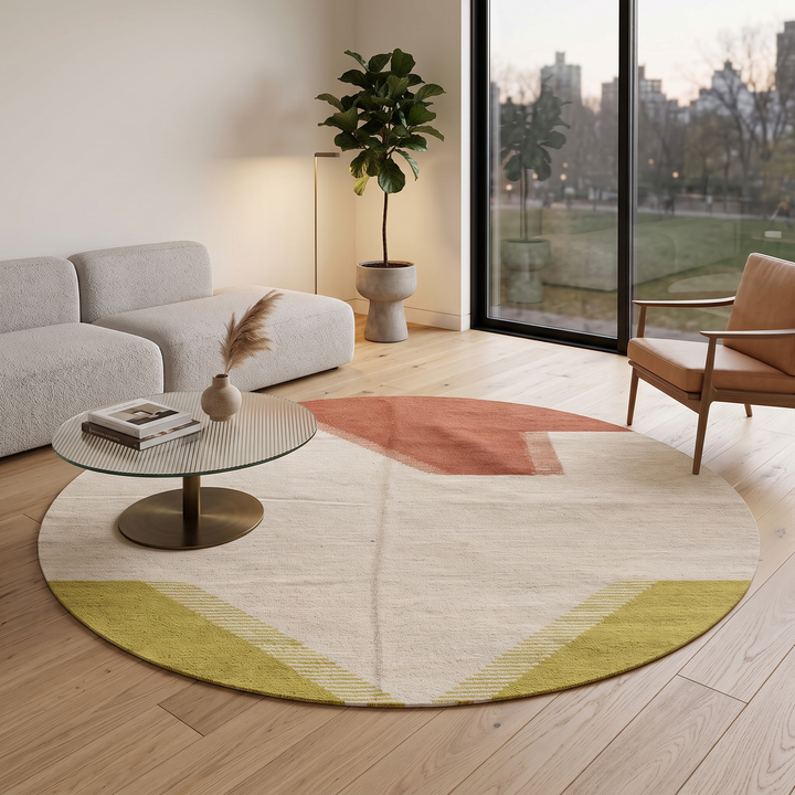 Flat-weave round Moroccan wool rug with ivory base and terracotta and yellow abstract design
