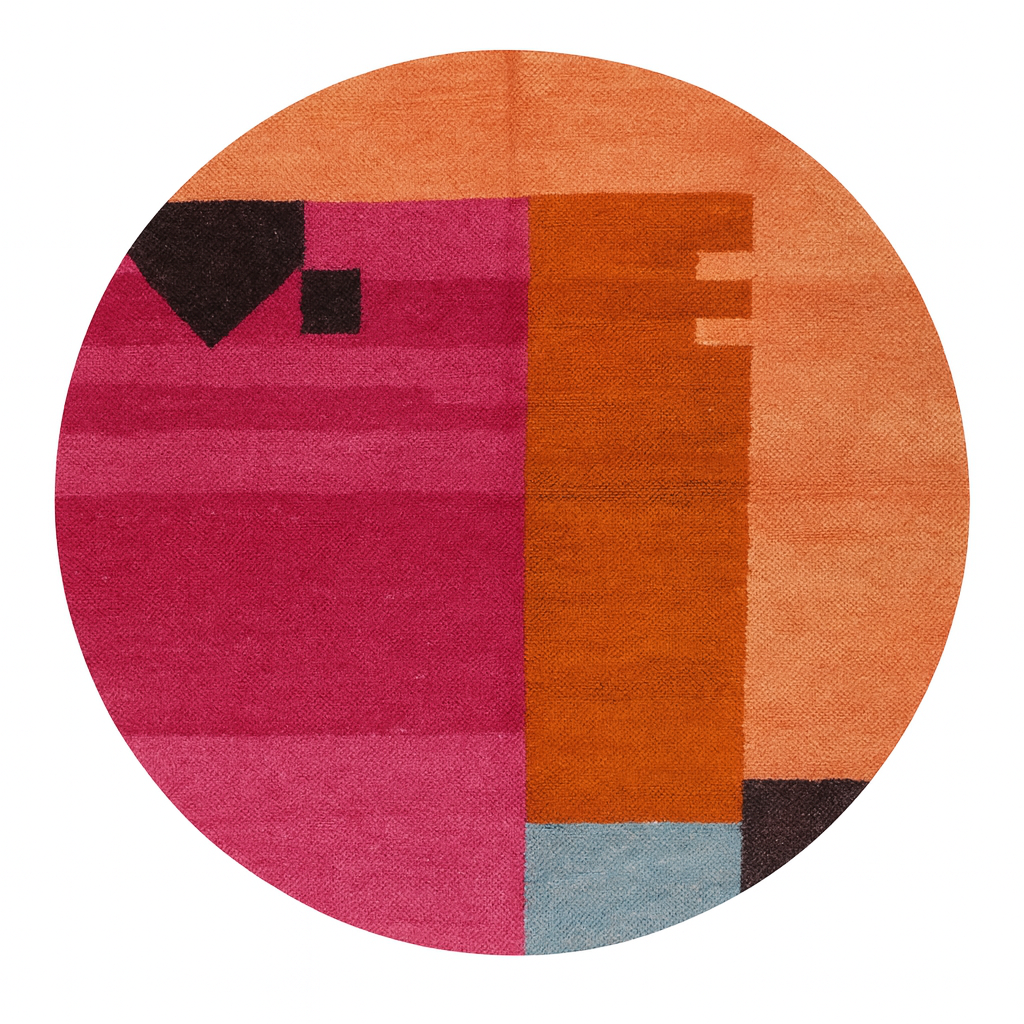 Modern round Moroccan wool rug with pink, orange, terracotta, and blue abstract color-block design
