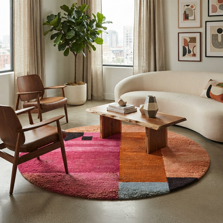 Modern round Moroccan wool rug with pink, orange, terracotta, and blue abstract color-block design