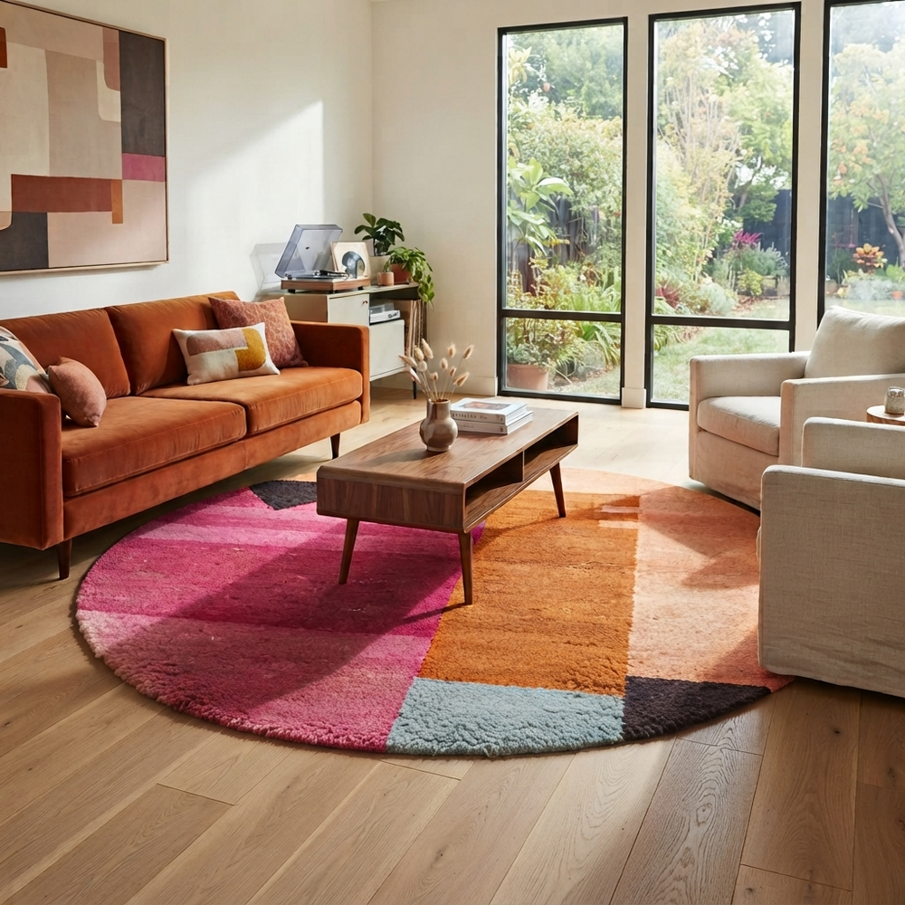 Modern round Moroccan wool rug with pink, orange, terracotta, and blue abstract color-block design