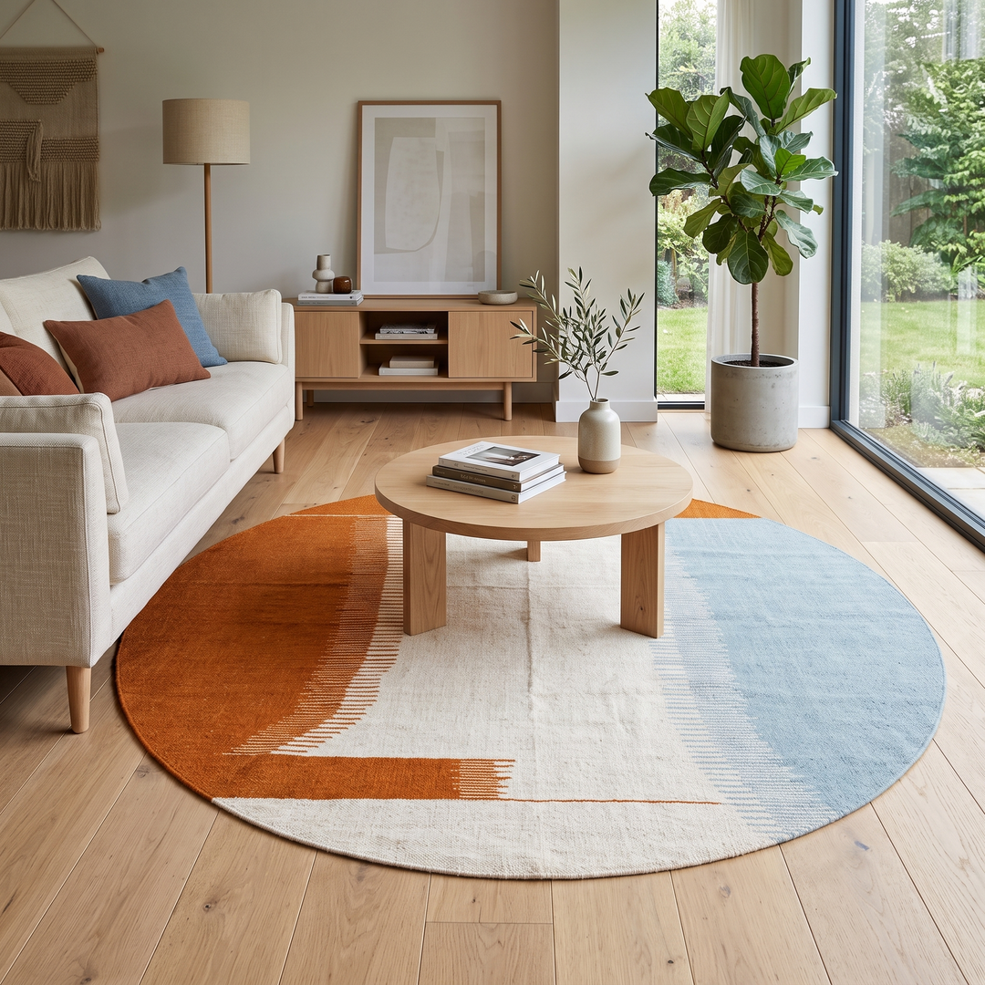 Flat weave round Moroccan wool rug with modern abstract design in terracotta, ivory, and soft blue tones