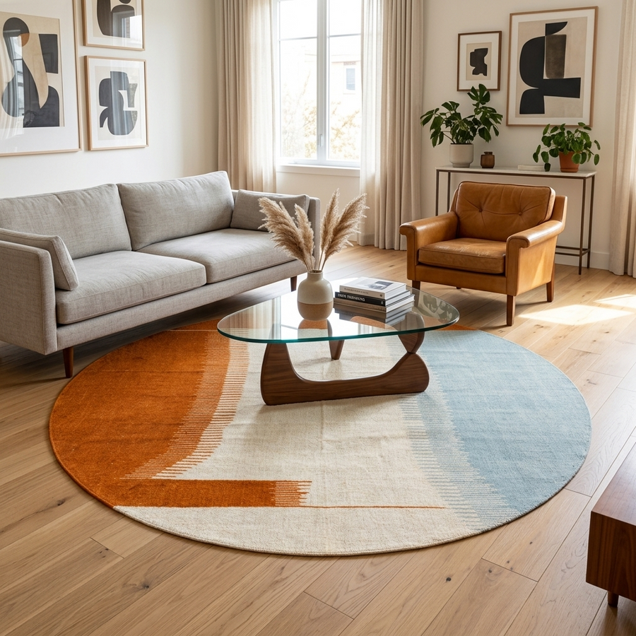 Flat weave round Moroccan wool rug with modern abstract design in terracotta, ivory, and soft blue tones