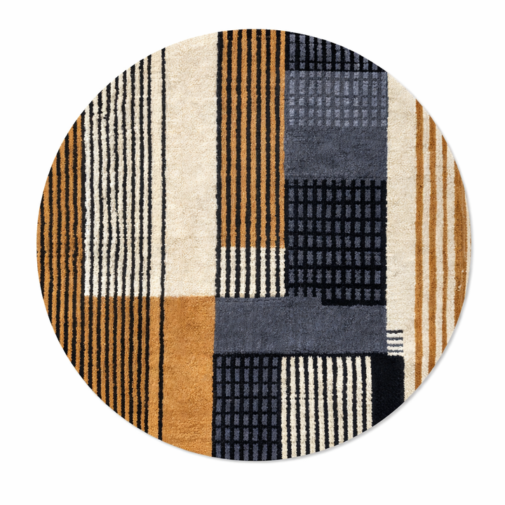 Round handmade Moroccan wool rug with modern geometric striped design in mustard, black, gray and ivory tones