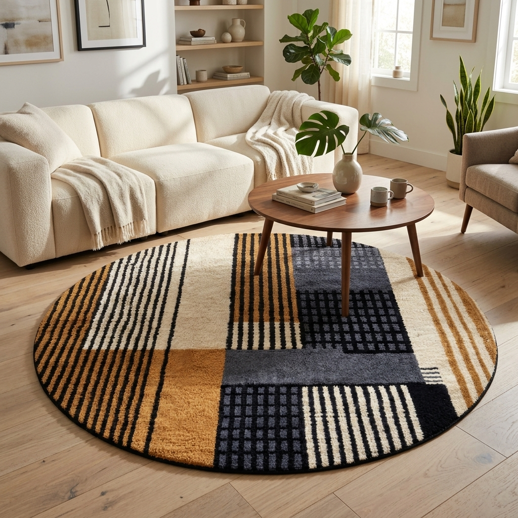 Round handmade Moroccan wool rug with modern geometric striped design in mustard, black, gray and ivory tones 