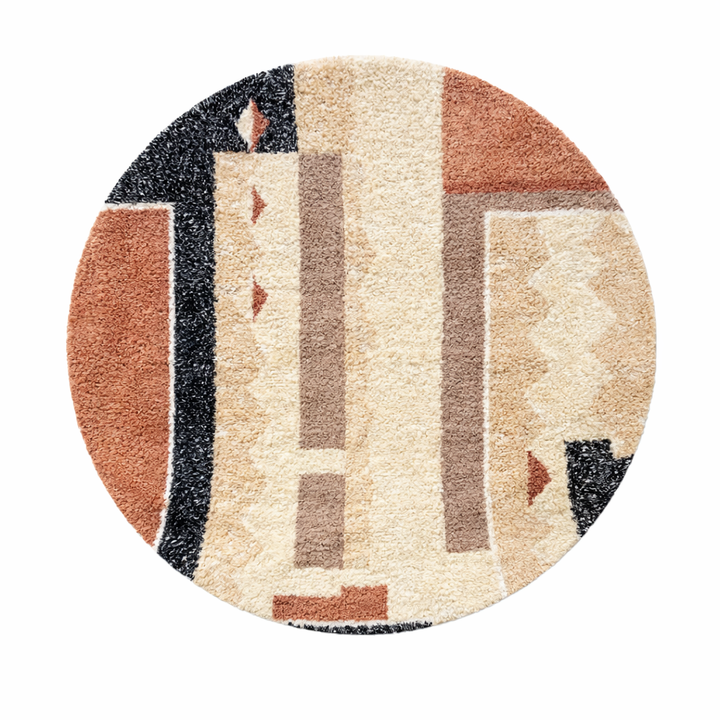 Modern round Moroccan wool rug with handmade Berber geometric design in beige, terracotta, and black