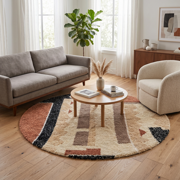 Modern round Moroccan wool rug with handmade Berber geometric design in beige, terracotta, and black