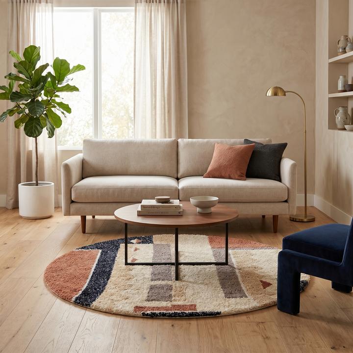 Modern round Moroccan wool rug with handmade Berber geometric design in beige, terracotta, and black