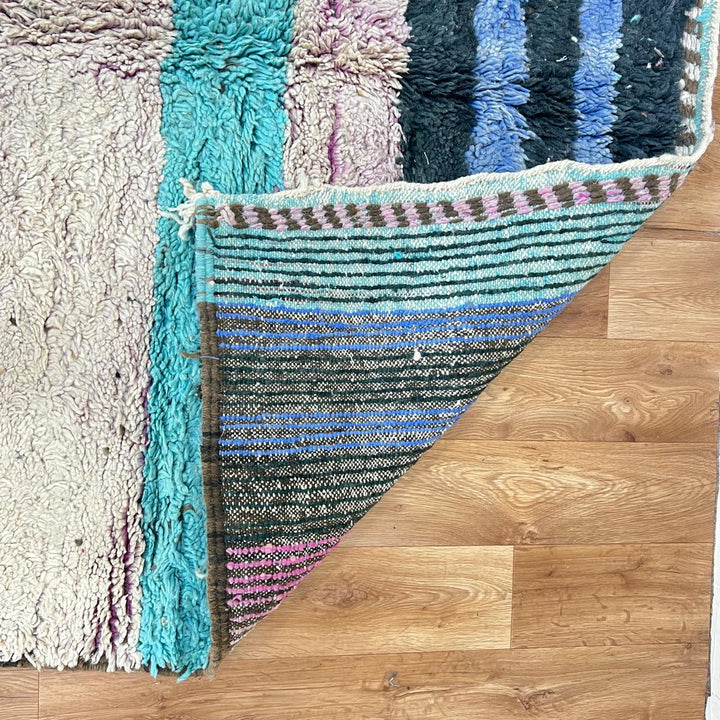 Vintage Moroccan wool rug with pastel turquoise, beige and black geometric pattern, handwoven Berber carpet, 245 x 152 cm