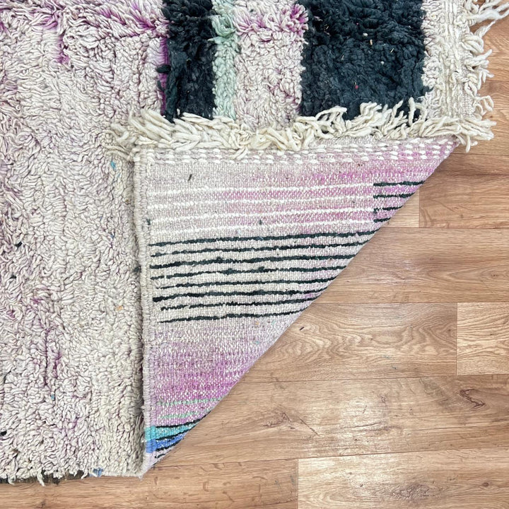 Vintage Moroccan wool rug with pastel turquoise, beige and black geometric pattern, handwoven Berber carpet, 245 x 152 cm