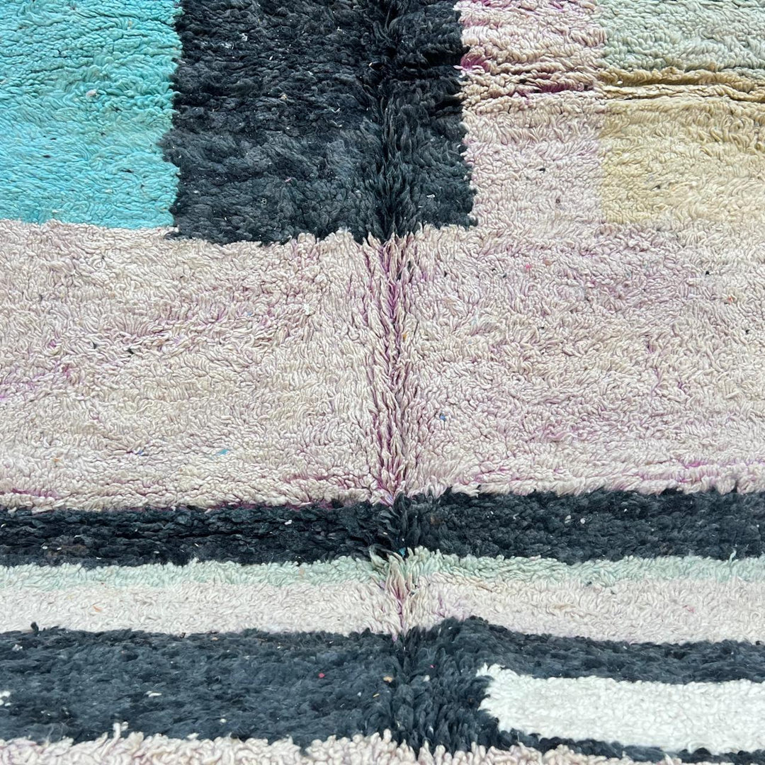 Vintage Moroccan wool rug with pastel turquoise, beige and black geometric pattern, handwoven Berber carpet, 245 x 152 cm
