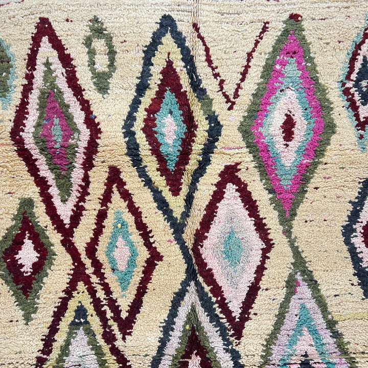 Vintage Moroccan diamond wool rug with tribal Berber pattern in ivory, burgundy, sage green and blush pink, handmade in Morocco.