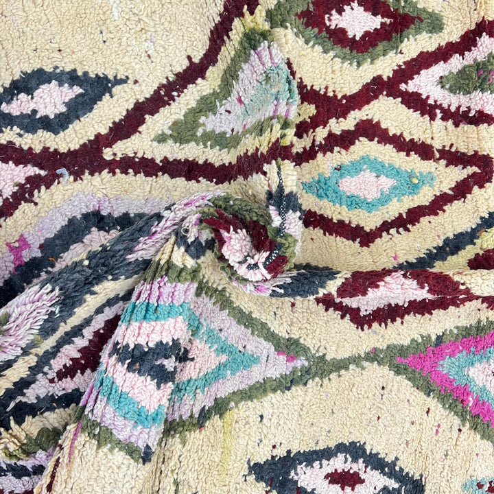 Vintage Moroccan diamond wool rug with tribal Berber pattern in ivory, burgundy, sage green and blush pink, handmade in Morocco.